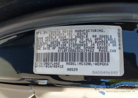 2003 Toyota Avalon from USA, damaged, VIN 4T1BFZ8B630319422